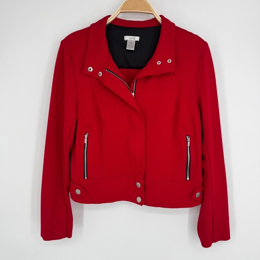 Cache Moto Biker Jacket 12 Red Asymmetrical Zip Stretch Cropped Bold‎ Edgy Chic